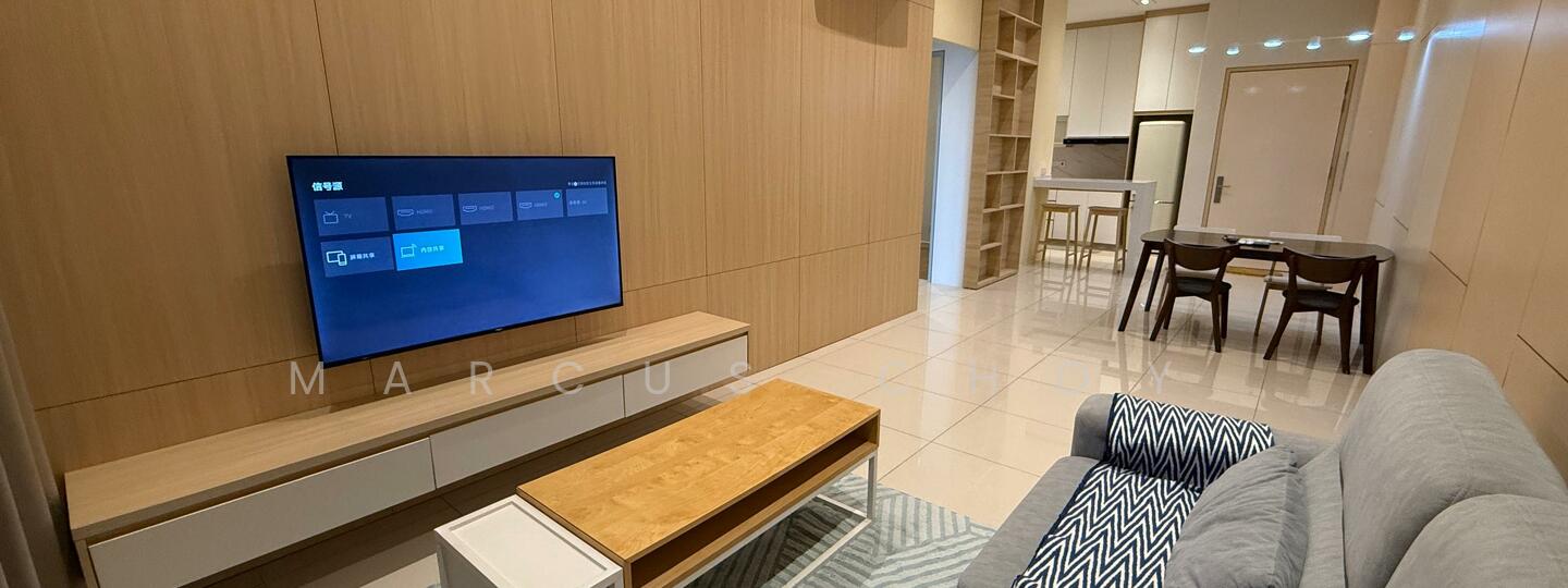 Living features: light grey fabric sofa, wooden coffee table, TV console with storage, wall-mounted flat-screen TV, cream tiled flooring, wood panelled accent wall, area rug with geometric pattern, recessed lighting, open shelving unit, dining area with wooden dining table and chairs; style: modern.