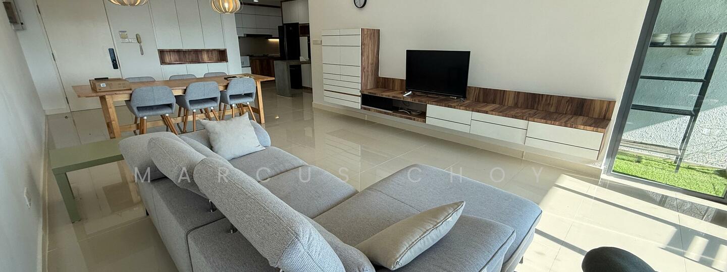 Living features: grey fabric L-shape sectional sofa, coffee table, wall-mounted TV, TV console with wood finish, white storage cabinets, pendant lighting, large windows with natural light, polished tile flooring, decorative wall clock; style: modern; view: garden. Dining features: 6-seater wooden dining table, upholstered dining chairs, open shelving unit, wall-mounted storage; style: modern. Kitchen features: kitchen cabinetry with wood finish, countertop, built-in appliances, open layout to living area; style: modern.