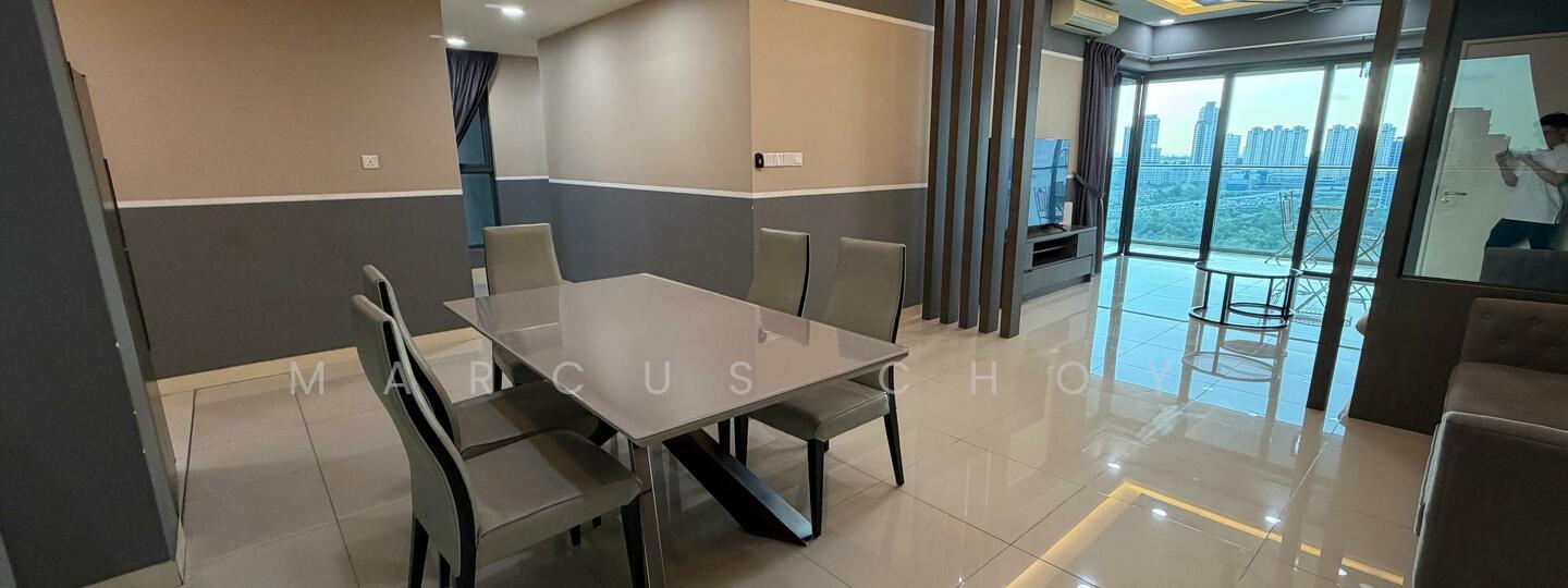 Dining features: 6-seater dining table with glossy surface, upholstered dining chairs in grey, white painted walls, grey accent wall, recessed downlights, sliding glass door, floor-to-ceiling windows, city view, ceramic tile flooring, air conditioning unit; style: modern; view: city. Living features: 3-seater fabric sofa in grey, TV console, wall-mounted TV, area rug, curtains, recessed downlights; style: modern; view: city.