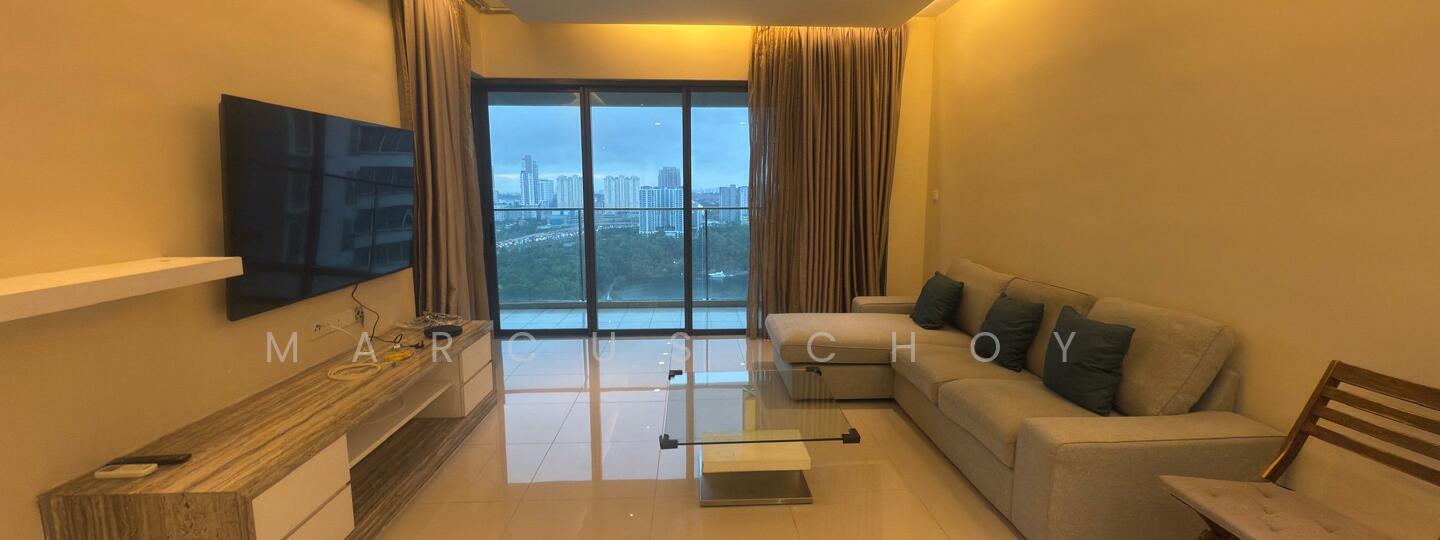 Living features: light beige painted walls, white ceiling, floor-to-ceiling windows, grey fabric 3-seater sofa, blue decorative cushions, wooden coffee table, flat-screen TV on wall-mounted console, glossy white tile flooring, curtains, city skyline view; style: modern; view: city.