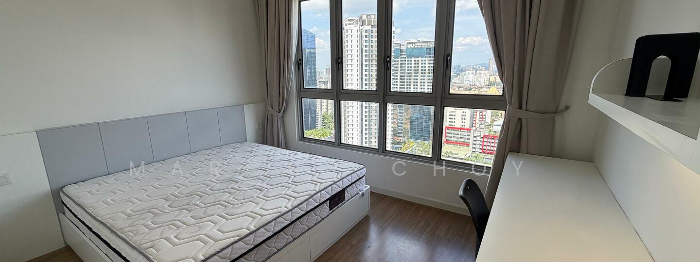 Bedroom features: king-size bed, upholstered headboard, floor-to-ceiling windows, city view, wooden flooring, study desk, black chair, curtains, light-colored walls, shelf unit; style: modern; view: city.