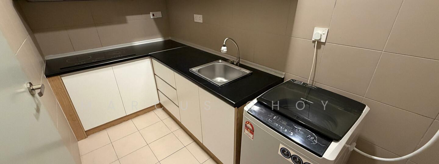 Kitchen features: black granite countertop, white cabinetry, single-bowl stainless-steel sink, chrome pull-down faucet, built-in electric cooktop, top-load washing machine, tile backsplash, cream tiled flooring, wall-mounted electrical outlets, under-cabinet lighting; style: modern.