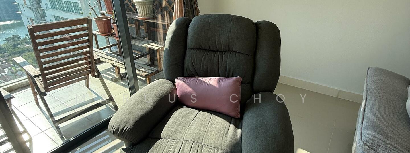 Room features: grey upholstered armchair, pink decorative cushion, floor-to-ceiling windows, city view, wooden dining chairs, glass balcony railing, ceramic tile flooring, natural light; style: modern; view: city.