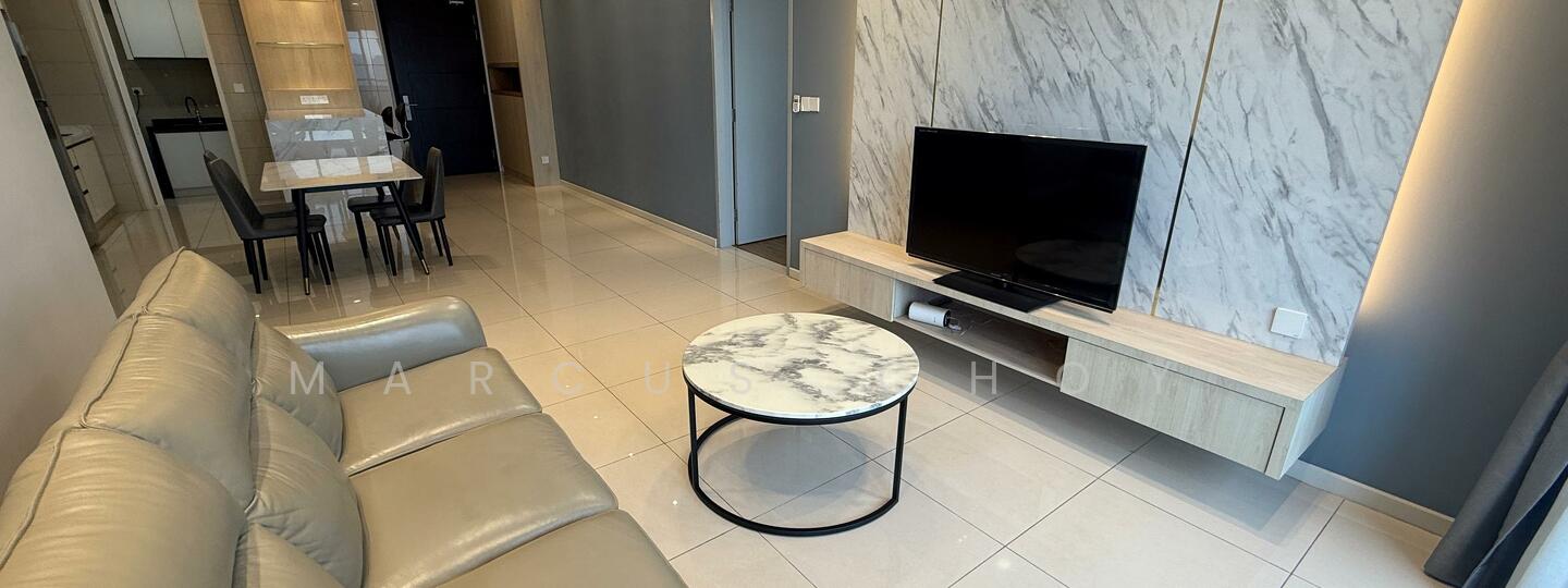 Living features: 3-seater leather sofa in beige, marble coffee table with black base, wall-mounted TV, TV console with wood finish, cream tiled flooring, grey painted walls, floor-to-ceiling windows, curtains in grey, recessed downlights; style: modern. Dining features: 4-seater dining table, black dining chairs, cream tiled flooring, grey painted walls; style: modern.