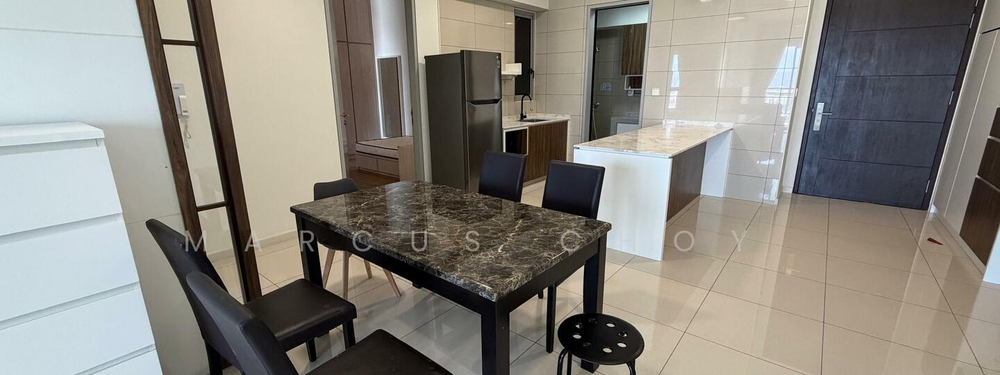 Dining features: black dining table with marble top, 4 black dining chairs, white cabinet, grey tiled flooring, refrigerator, kitchen island with countertop, built-in cabinetry, wall-mounted door, large windows, neutral wall colour; style: modern. Kitchen features: kitchen island with white countertop, built-in oven, stainless-steel refrigerator, grey cabinetry, neutral wall tiles, under-cabinet lighting; style: modern.