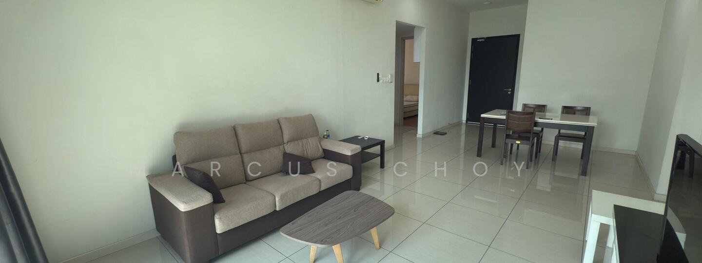 Living features: 3-seater fabric sofa in beige and grey, coffee table with wooden legs, wall-mounted TV console, glossy tile flooring, white painted walls, recessed downlights, floor-to-ceiling windows, curtains, air conditioning unit; style: modern. Dining features: 4-seater dining table in white, wooden dining chairs, glossy tile flooring; style: modern.