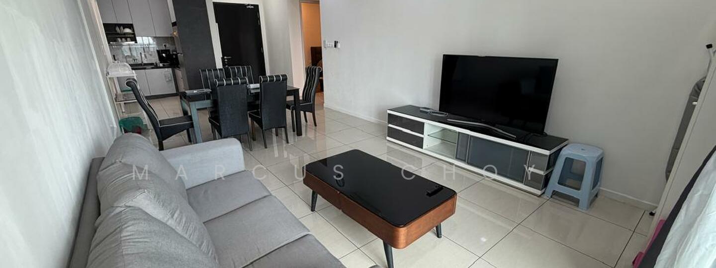 Living features: grey fabric sofa, wood coffee table, TV console, wall-mounted TV, ceramic tile flooring, white painted walls, recessed downlights, dining table with six chairs, open layout to kitchen, blue stool; style: modern. Kitchen features: white cabinetry, stainless-steel appliances, open layout to living area; style: modern.