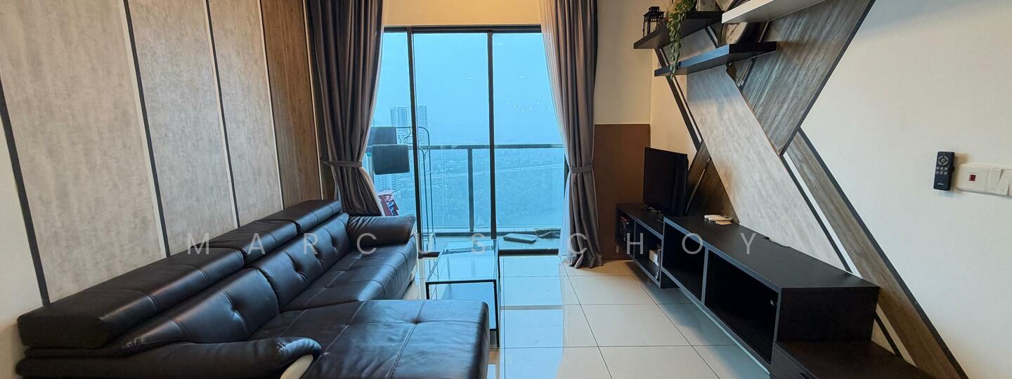 Living features: black leather sectional sofa, floor-to-ceiling windows, grey curtains, white walls with wood paneling, glossy white tile flooring, black TV console, wall-mounted TV, decorative plant on shelf, wood accent wall, remote control panel, city view, open layout; style: modern; view: city.