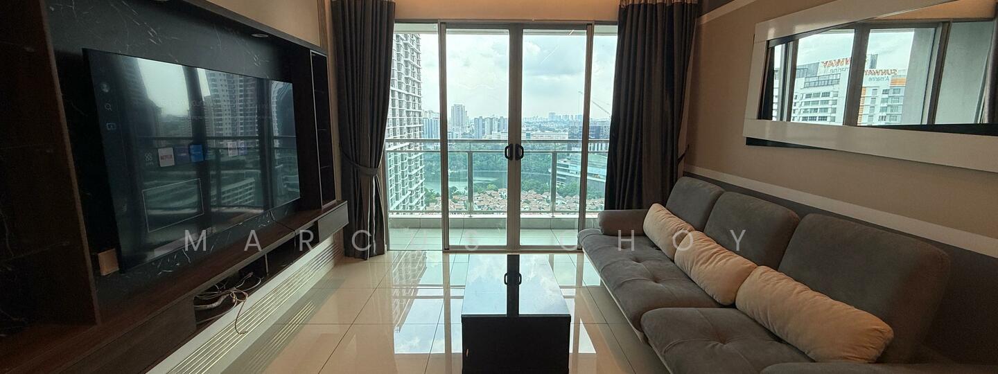 Living features: grey fabric sofa, large flat-screen TV, TV console with storage, floor-to-ceiling windows, city view, marble flooring, curtains, decorative mirror, coffee table; style: modern; view: city.