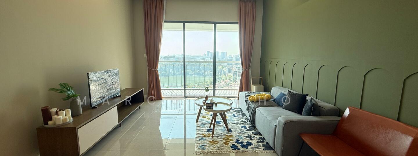Living features: grey fabric sofa, wooden bench, coffee table, area rug with geometric pattern, wall-mounted TV, floor-to-ceiling windows, curtains in warm tones, decorative plants, ceramic vase, accent wall with curved paneling, polished tile flooring, city view; style: modern; view: city.