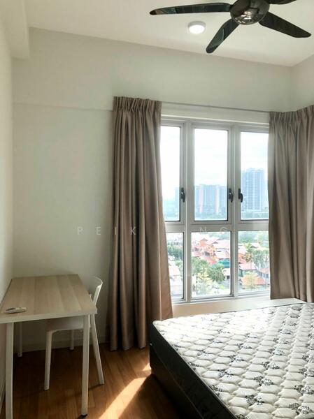 Bedroom features: queen-size bed, upholstered headboard, wooden flooring, floor-to-ceiling windows, curtains in beige, ceiling fan with light, study desk, white chair, decorative view of city skyline; style: modern; view: city.