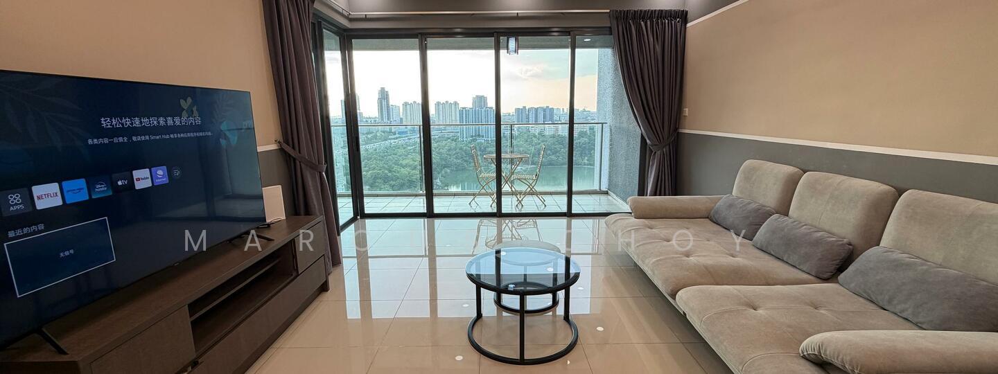 Living features: grey fabric sectional sofa, black coffee table, wall-mounted TV, TV console, floor-to-ceiling windows, curtains, glossy tile flooring, city skyline view; style: modern; view: city.