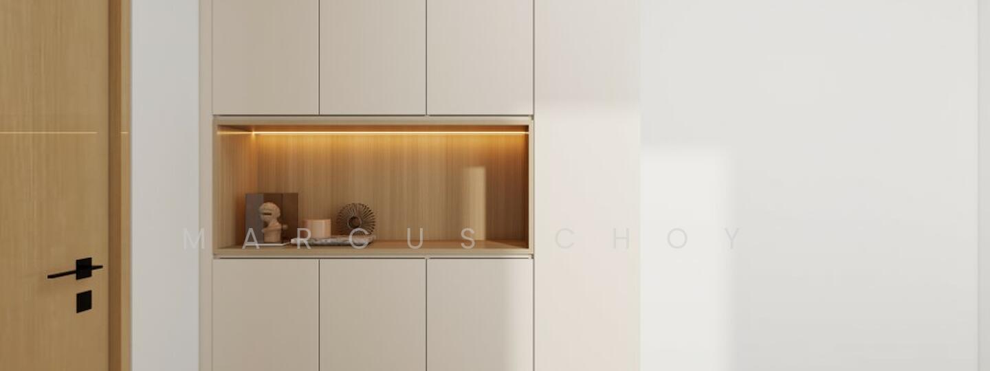 Room features: light wood cabinetry, white cabinetry with matte finish, built-in shelving with backlighting, decorative items on shelves, minimalist design, neutral color palette, smooth wall surface, door with black handle; style: modern.