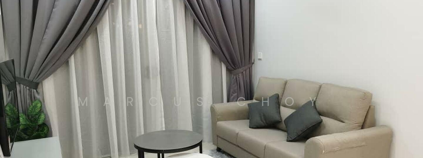 Living features: 3-seater fabric sofa in beige, 2 decorative cushions in grey, round coffee table with black top, floor-to-ceiling sheer curtains, grey drapes, wall-mounted TV, greenery in ceramic pot, carpeted flooring; style: modern.