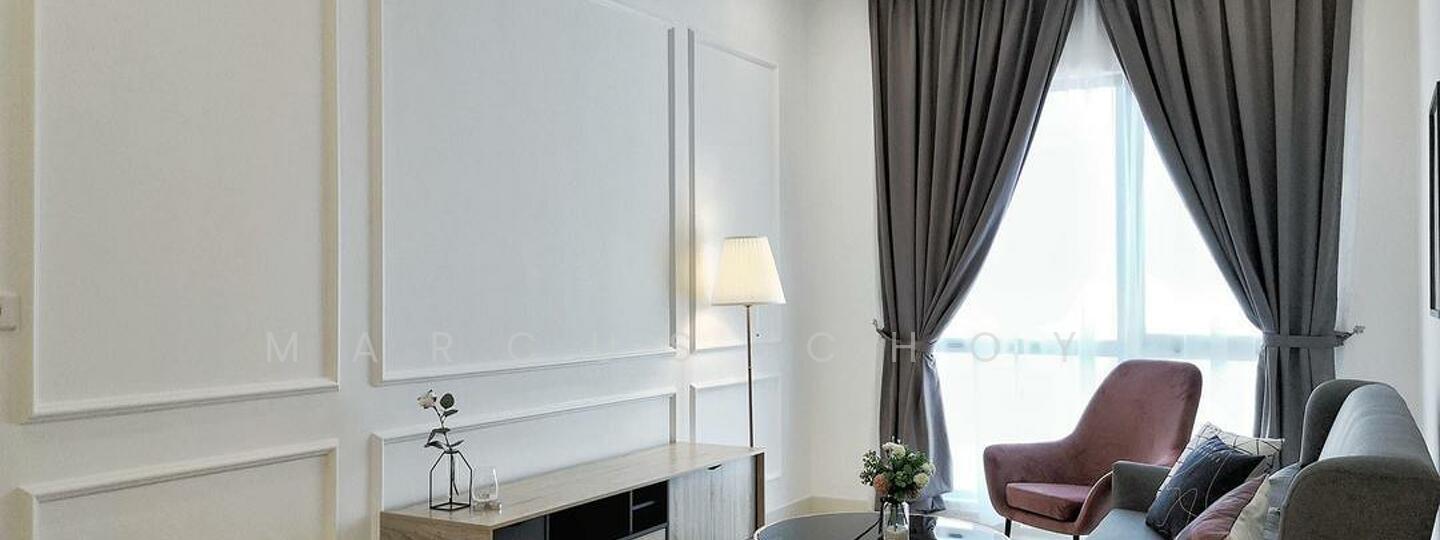 Living features: white painted walls with crown moulding, grey fabric sofa, round coffee table, floor lamp, large window with sheer curtains, dark grey drapes, decorative plant on table, accent chair in mauve; style: modern.