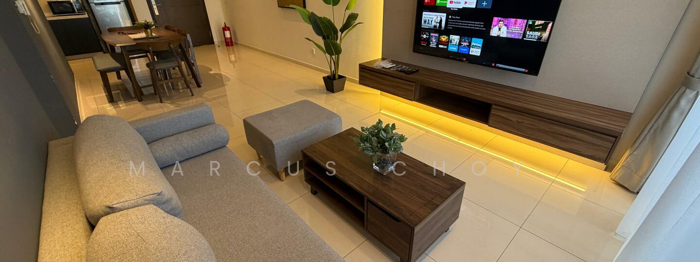 Living features: L-shape sectional sofa in light grey, coffee table in dark wood, TV console in dark wood with LED lighting, wall-mounted flat-screen TV, decorative plant on coffee table, cream painted walls, glossy tile flooring, recessed downlights, curtains on windows; style: modern. Dining features: 4-seater dining table in dark wood, wooden dining chairs, open layout to living area; style: modern.