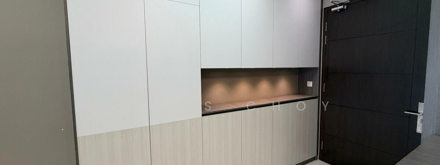 Room features: white cabinetry, light wood cabinetry, under-cabinet lighting, smooth countertop, dark wood door, minimalist design, neutral wall color, built-in storage; style: modern.