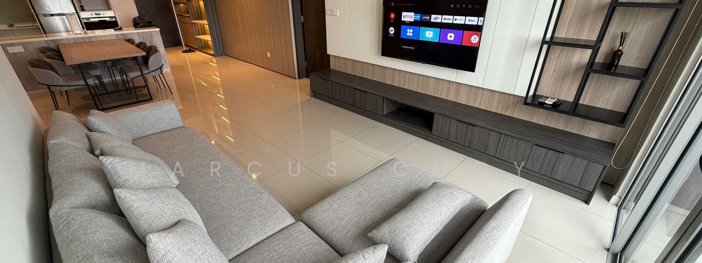 Living features: L-shape sectional sofa in light grey, wall-mounted TV, entertainment unit with storage, light-coloured wall with wood paneling, large floor-to-ceiling windows, polished tile flooring, recessed downlights, decorative wall shelf, open-plan layout with dining area visible; style: modern; view: city.
