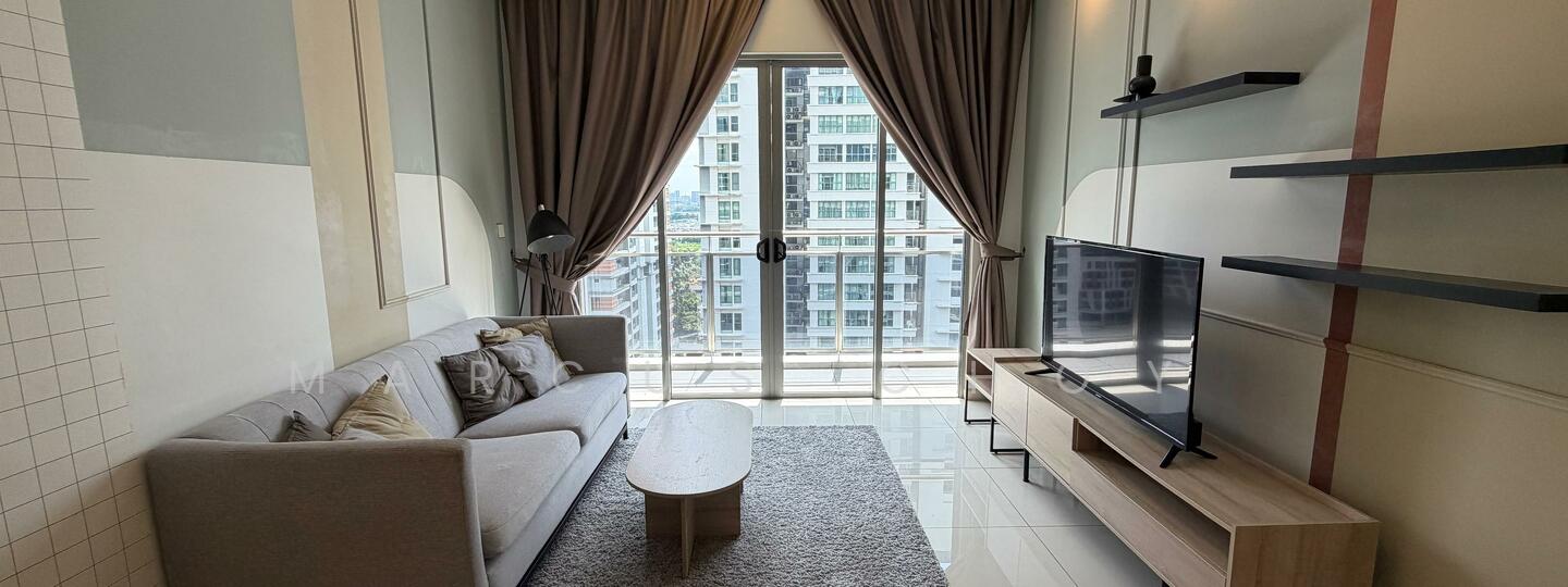 Living features: grey fabric 3-seater sofa, light wood coffee table, TV console in light wood, wall-mounted TV, floor-to-ceiling windows, sheer curtains, recessed downlights, light grey area rug, white tiled flooring, decorative wall with light grey and white panels; style: modern; view: city.