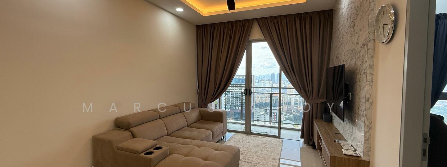 Living features: L-shape sectional sofa in beige, floor-to-ceiling windows, curtains in brown, marble accent wall, wall-mounted clock, recessed ceiling lights, light-colored walls, tile flooring, TV console, view of city skyline; style: modern; view: city.