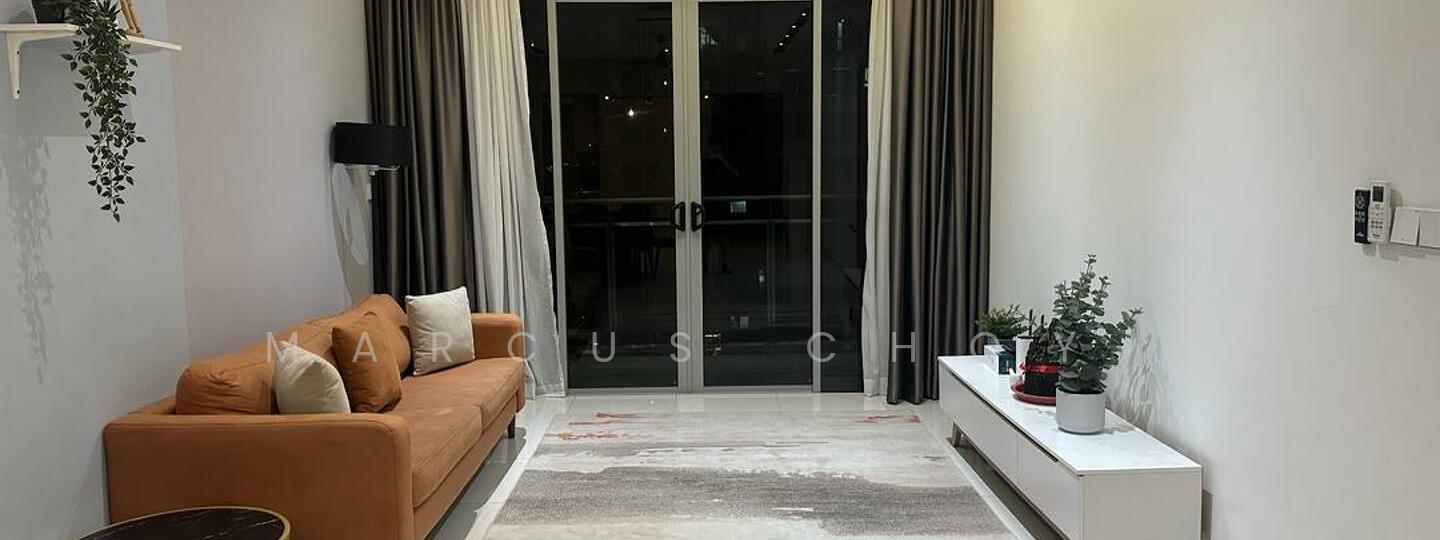 Living features: 3-seater fabric sofa in orange, white TV console, decorative houseplants in ceramic pots, area rug with geometric pattern, floor-to-ceiling windows, curtains in grey, white painted walls, polished tile flooring; style: modern.