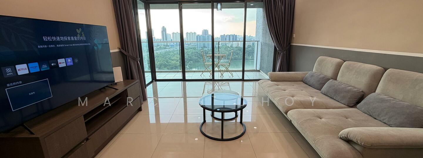 Living features: grey fabric sectional sofa, round glass coffee table, large flat-screen TV, TV console with storage, floor-to-ceiling windows, curtains, glossy tile flooring, city view from windows; style: modern; view: city.