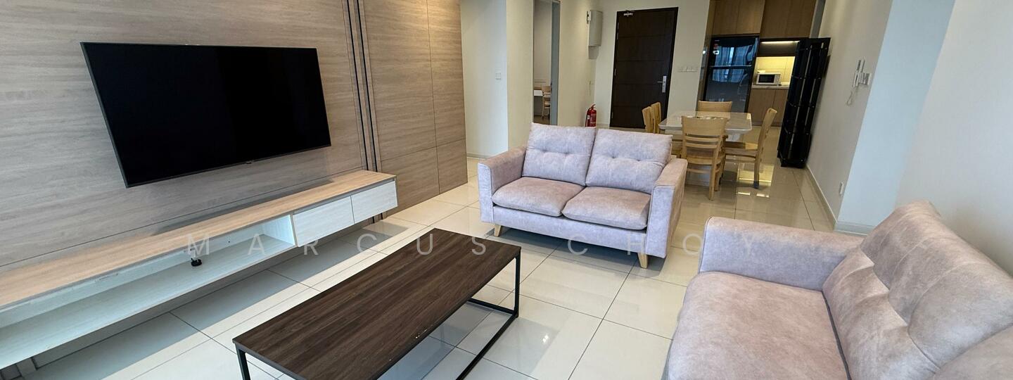 Living features: light grey fabric 3-seater sofa, light grey fabric 2-seater sofa, dark wood coffee table, wall-mounted flat-screen TV, light wood TV console, white tiled flooring, wood panel accent wall, recessed downlights; style: modern. Dining features: light wood dining table for 4, light wood dining chairs, open layout to kitchen, white walls; style: modern.