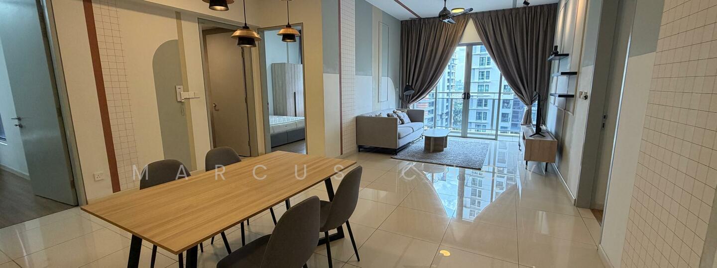 Living features: floor-to-ceiling windows, grey curtains, light grey sofa, coffee table, TV console, wall-mounted TV, area rug, recessed downlights, white walls, polished tile flooring; style: modern; view: city. Dining features: wooden dining table, 4 upholstered dining chairs, pendant lighting, white tiled walls; style: modern. Bedroom features: queen-size bed, wooden headboard, nightstand, wall-mounted light, white bedding; style: modern.