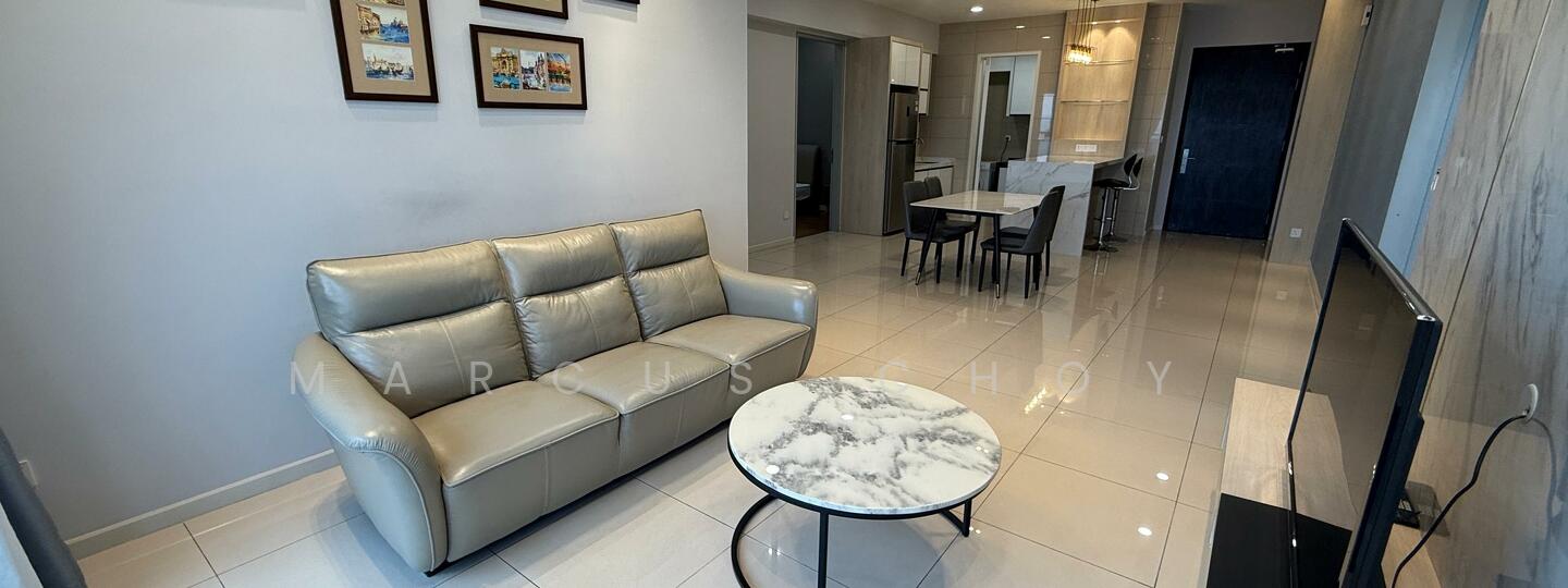 Living features: 3-seater leather sofa in light grey, marble-top coffee table with black metal base, wall-mounted TV, TV console, framed artwork on walls, white painted walls, glossy tile flooring, recessed downlights, dining area visible in background, open layout to kitchen, large windows for natural light; style: modern.