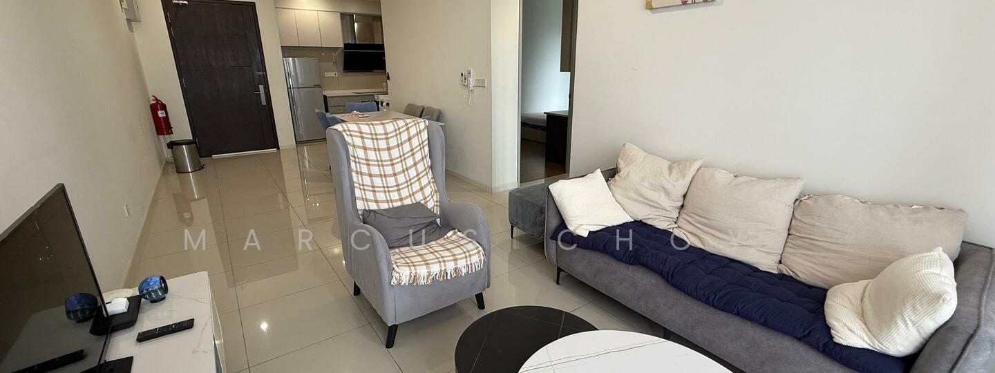 Living features: grey fabric sofa, beige sectional sofa, round coffee table, TV console, wall-mounted TV, white walls, glossy tile flooring, recessed downlights, fire extinguisher, decorative wall art; style: modern.
