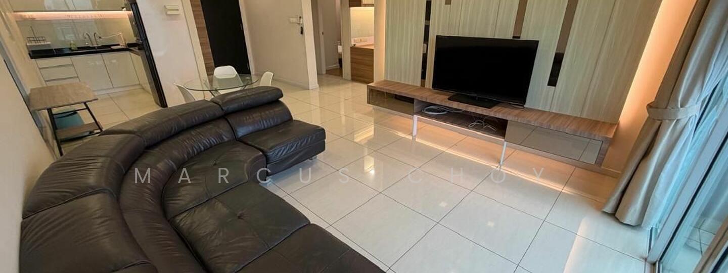 Living features: L-shape sectional sofa in dark brown leather, coffee table with glass top, wall-mounted TV, TV console with wooden finish, recessed downlights, cream painted walls, white tiled flooring, floor-to-ceiling windows with sheer curtains, decorative wall paneling, open layout to kitchen, dining area visible in background; style: modern.