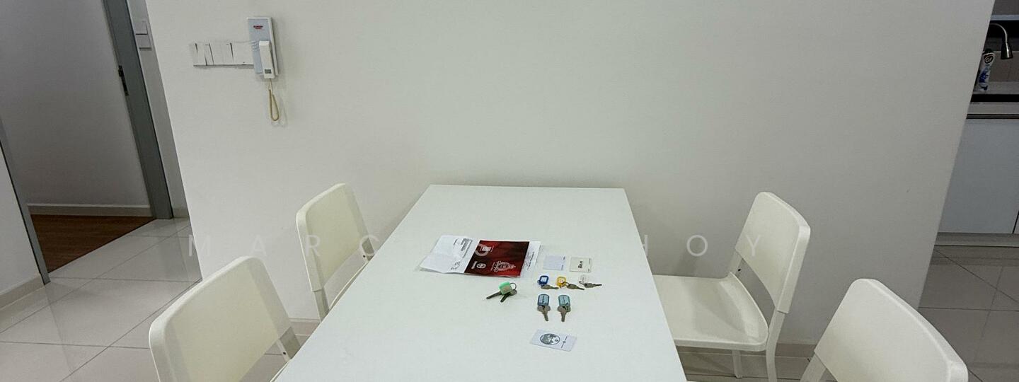 Dining features: white dining table, 4 white dining chairs, light-colored tiled flooring, plain white walls, wall-mounted intercom, keys on the table, brochure on the table; style: modern.