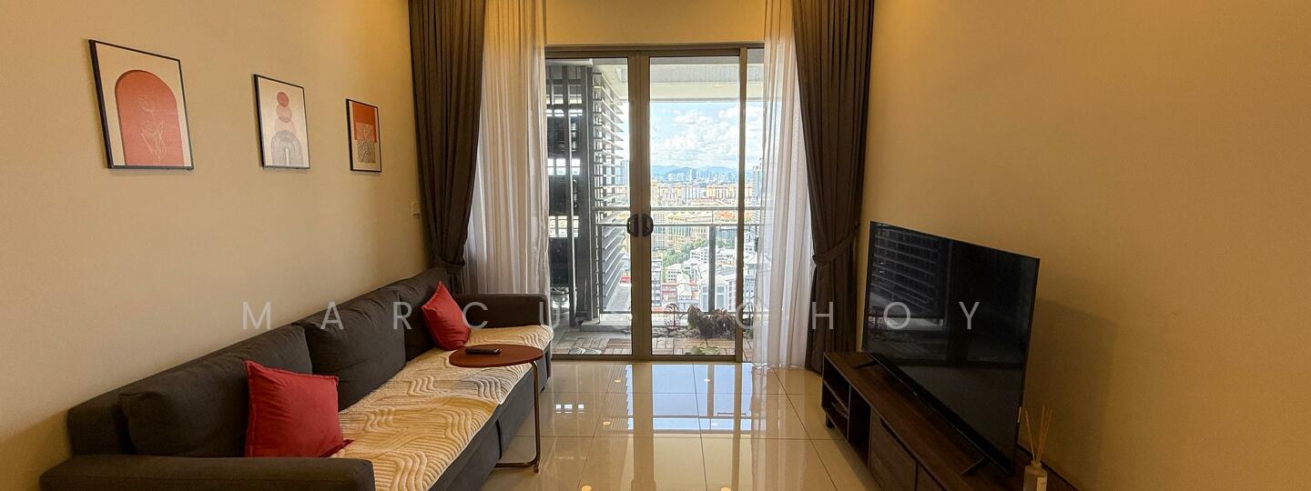 Living features: grey fabric sofa, wooden side table, flat-screen TV, TV console, floor-to-ceiling windows, curtains, marble tile flooring, decorative wall art, recessed downlights; style: modern; view: city.