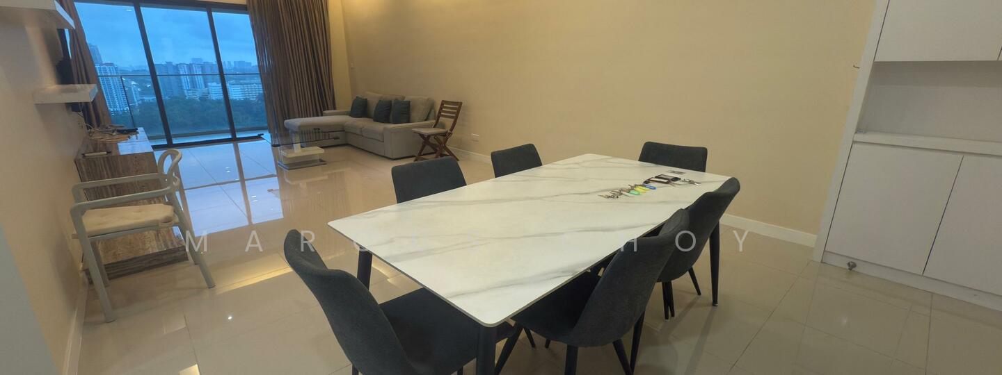 Dining features: marble dining table, 6 upholstered dining chairs, floor-to-ceiling windows, grey walls, white cabinetry, polished tile flooring, decorative wall-mounted TV, sofa in living area, wooden folding chair, curtains, open layout to living area; style: modern; view: city.