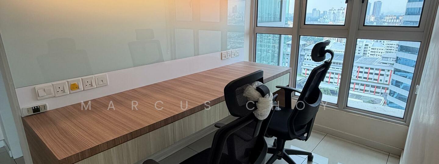 Study features: large wooden desk with laminate finish, two ergonomic office chairs, floor-to-ceiling windows, city skyline view, white painted walls, built-in electrical outlets, light-colored tile flooring, minimalist decor; style: modern; view: city.