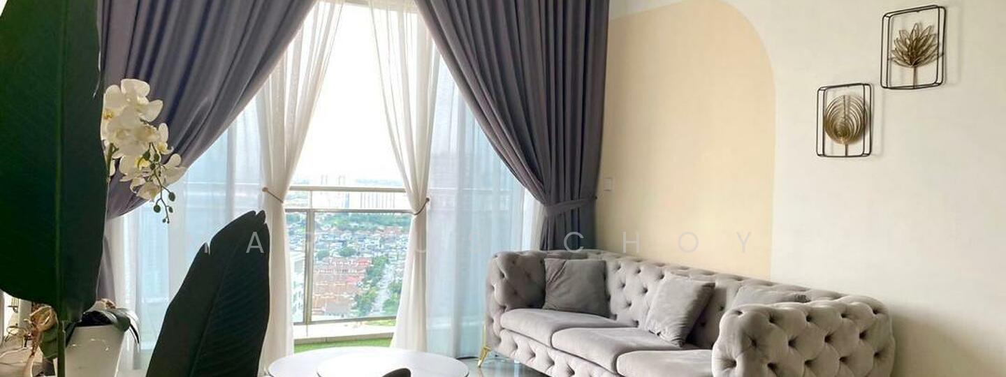 Living features: grey tufted fabric sofa, glass coffee table, floor-to-ceiling windows, sheer curtains, dark purple drapes, decorative wall art, houseplants, light-colored walls, city view; style: modern; view: city.