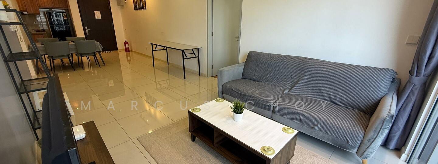 Living features: grey fabric sofa, coffee table with white top, TV console, wall-mounted TV, ceramic tile flooring, recessed downlights, floor-to-ceiling windows, curtains, decorative plant on table, open layout to dining area; style: modern. Dining features: 4-seater dining table, grey upholstered dining chairs, ceramic tile flooring; style: modern.