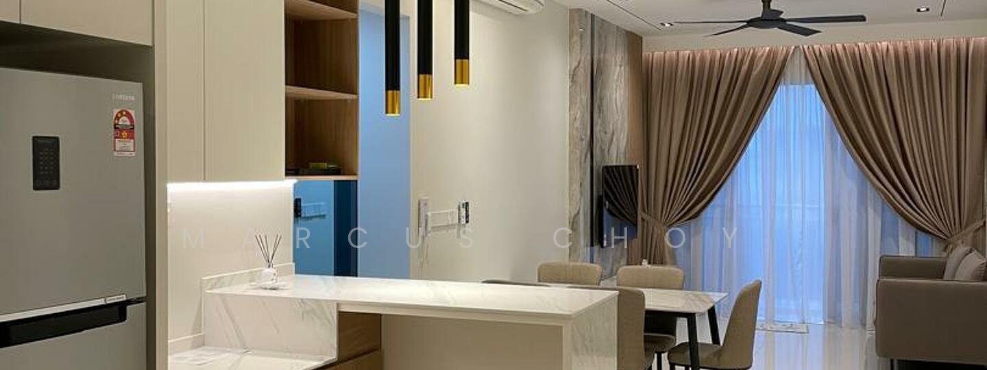 Kitchen features: white marble countertop, stainless-steel fridge, built-in cabinetry, pendant lighting, recessed downlights, open shelving, light wood cabinetry, grey upholstered dining chairs, floor-to-ceiling windows with sheer curtains, ceiling fan; style: modern.