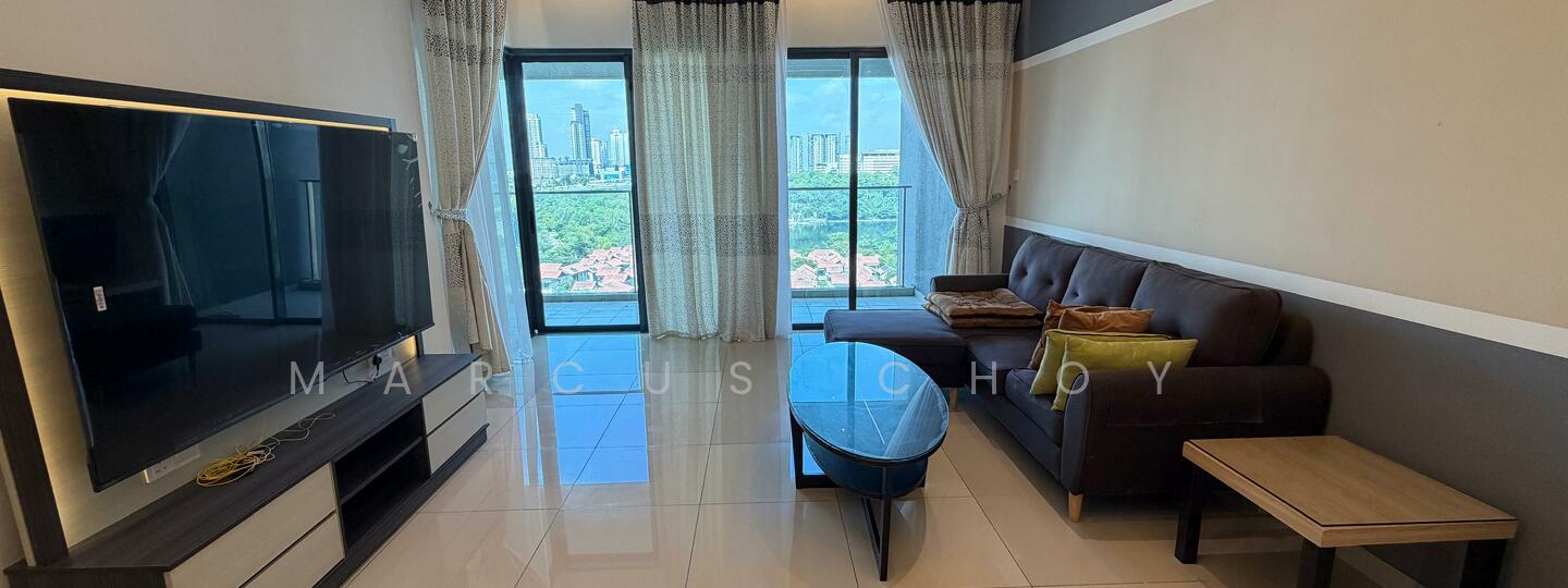 Living features: floor-to-ceiling windows, grey fabric sofa, coffee table, TV console, wall-mounted TV, area rug, curtains, marble tile flooring, decorative wall with horizontal stripes, city skyline view; style: modern; view: city.