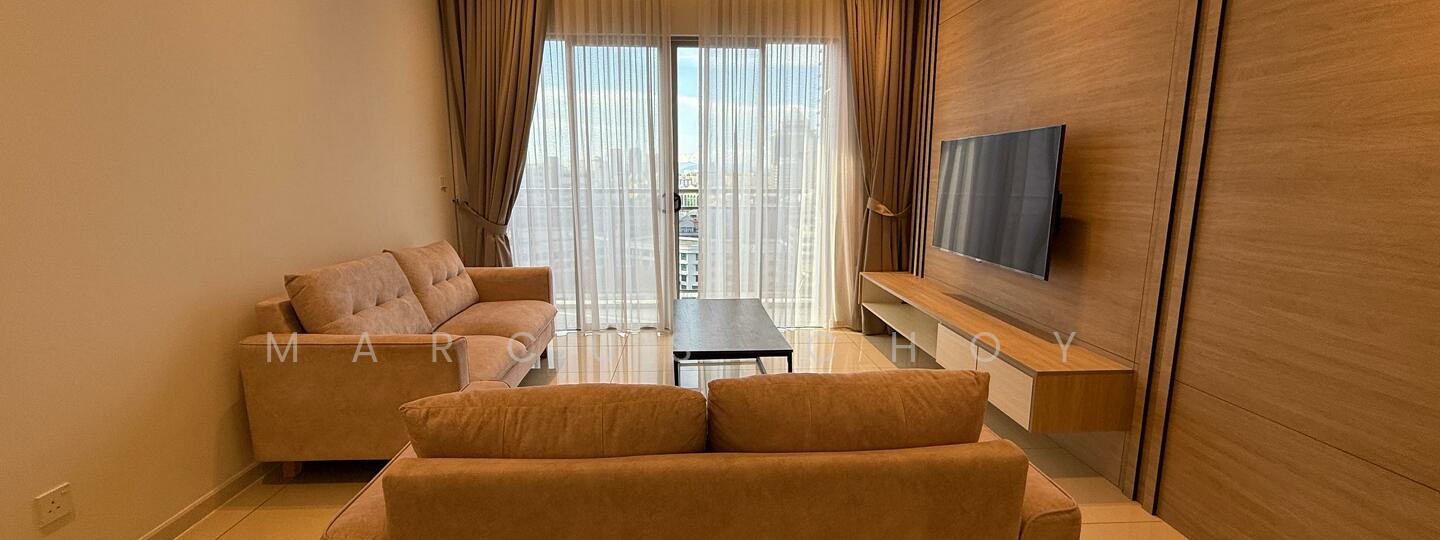 Living features: 2-seater fabric sofa in beige, 3-seater fabric sofa in beige, coffee table, wall-mounted TV, TV console, floor-to-ceiling windows, sheer curtains, light-colored tiled flooring, wood panel accent wall, recessed downlights; style: modern; view: city.