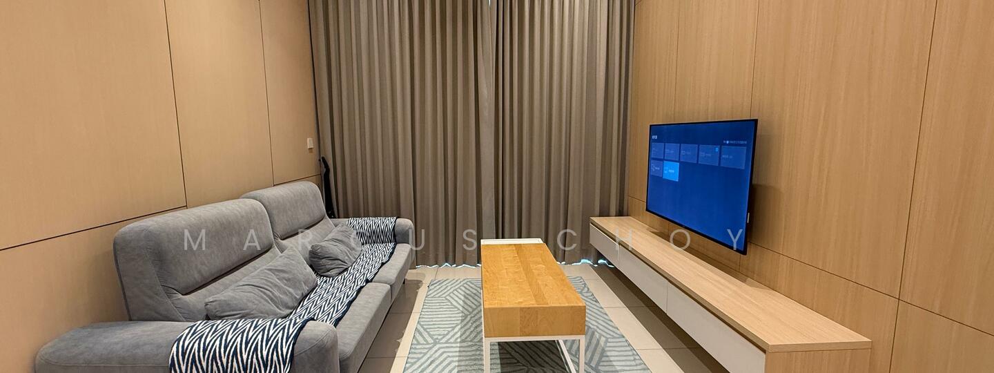 Living features: grey fabric 3-seater sofa, wooden coffee table, TV console, wall-mounted TV, light-coloured wooden wall paneling, floor-to-ceiling curtains, ceramic tile flooring, area rug with geometric pattern; style: modern.