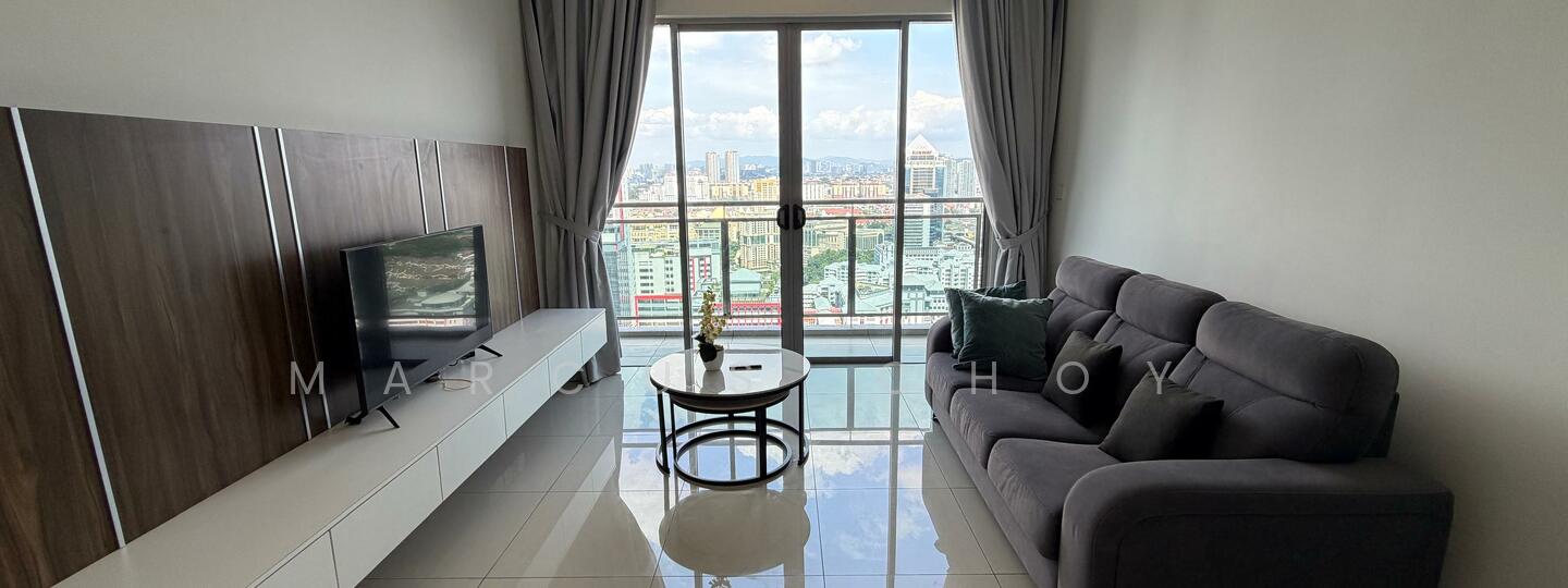 Living features: grey fabric sofa, round coffee table, white TV console, wall-mounted TV, floor-to-ceiling windows, curtains, city skyline view, glossy tile flooring, decorative vase, green cushions; style: modern; view: city.