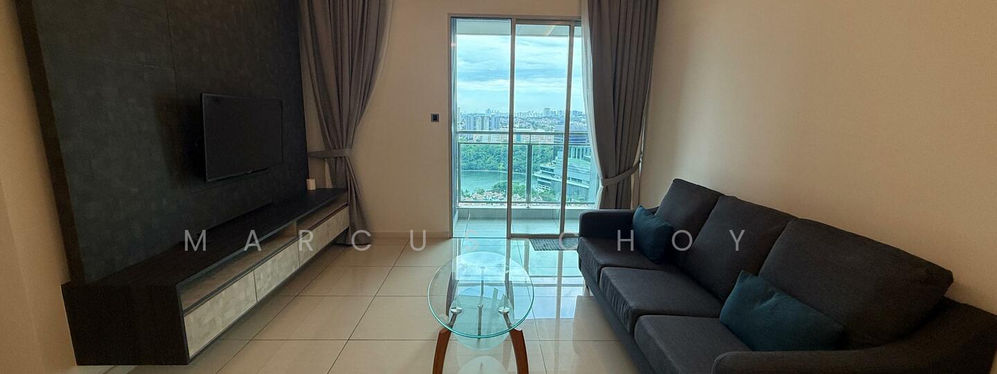 Living features: grey fabric sofa, glass coffee table, wall-mounted TV, white tiled flooring, floor-to-ceiling windows, curtains, decorative wall panel, city view; style: modern; view: city.