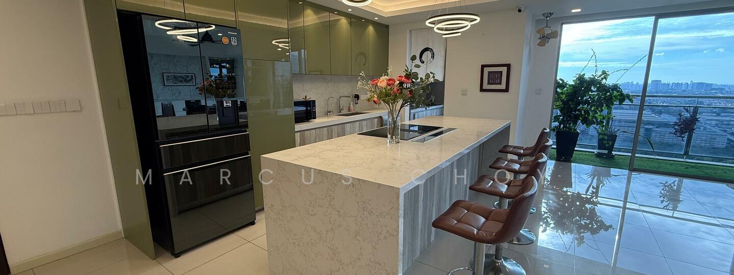 Kitchen features: marble countertop, black stainless-steel fridge, built-in oven, induction cooktop, green cabinetry, bar stools, pendant lighting, floor-to-ceiling windows, city view, white tiled flooring, kitchen island; style: modern; view: city.