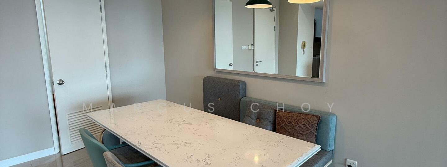 Dining features: marble dining table, upholstered dining chairs, mirror on wall, pendant lighting, grey accent wall, white painted walls, floor-to-ceiling windows, tile flooring; style: modern.