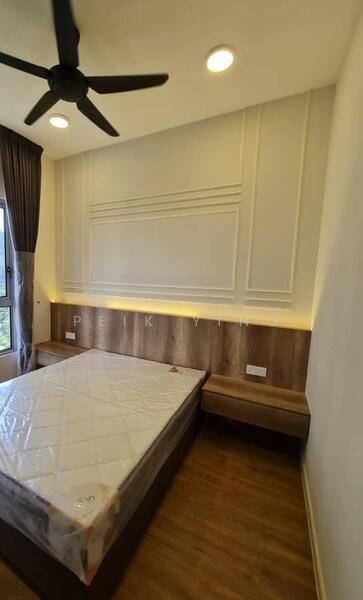 Bedroom features: queen-size bed, wooden headboard, 2 bedside tables, ceiling fan with light, recessed lighting, wood panel accent wall, white painted walls with crown moulding, laminate flooring, floor-to-ceiling window with curtain; style: modern.