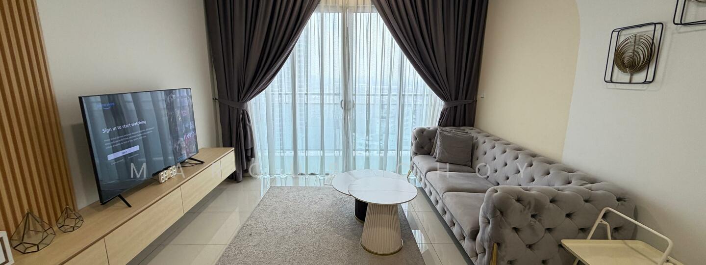 Living features: grey tufted fabric sofa, round coffee table, TV console with storage, wall-mounted TV, sheer curtains, floor-to-ceiling windows, area rug, decorative wall art, light-colored wall, neutral tile flooring; style: modern; view: city.