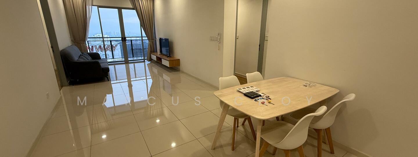 Living features: grey fabric sofa, wood TV console, wall-mounted TV, dining table with four white chairs, large sliding glass door, floor-to-ceiling windows, white painted walls, glossy ceramic tile flooring, recessed downlights; style: modern; view: city.