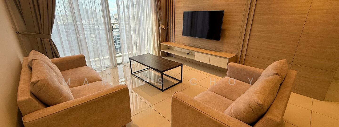 Living features: two beige fabric armchairs, black metal coffee table, wall-mounted flat-screen TV, light wood feature wall, white cabinetry below TV, floor-to-ceiling windows, sheer curtains, glossy tile flooring, natural light, neutral color palette; style: modern; view: city.