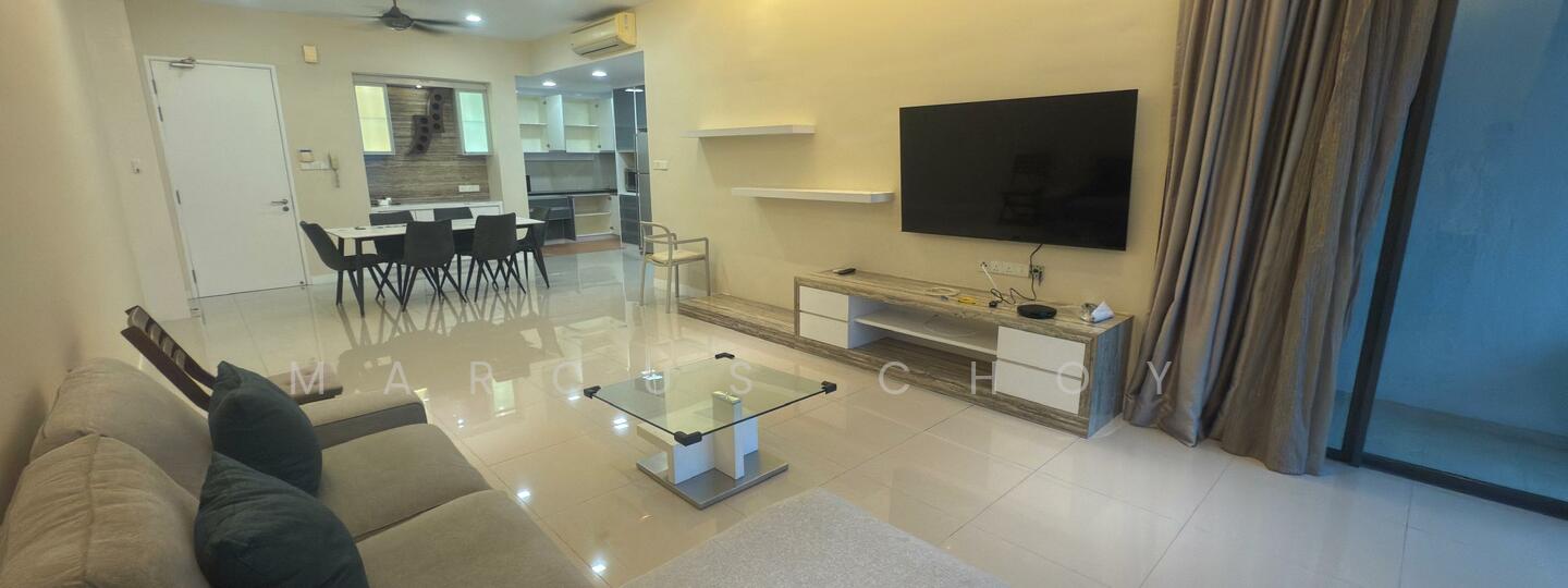 Living features: 3-seater fabric sofa in grey, glass coffee table with chrome base, TV console with wall-mounted TV, white shelving unit, recessed downlights, cream painted walls, glossy tile flooring, floor-to-ceiling windows with sheer curtains, ceiling fan, decorative wall paneling, dining area with 6-seater dining table, open-plan layout to kitchen; style: modern.